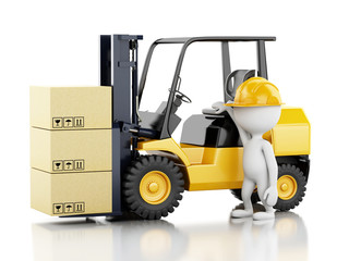 3d white people with a forklift and cardboard boxes