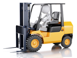 3d white people driving a forklift truck.