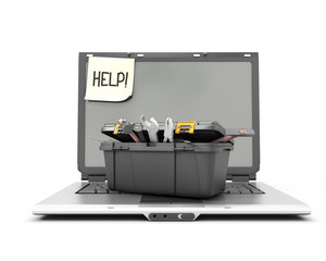 Laptop with box tools on a white
