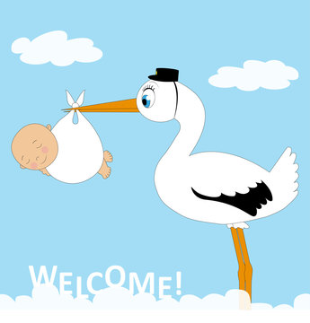 cicogna con bambino su cielo azzurro con nuvole