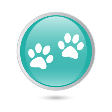 Paw sign icon. Dog pets steps symbol. blue glossy button