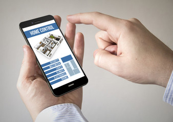  touchscreen smartphone with smart home control app on the scree