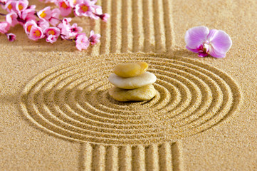 Fototapeta na wymiar Japanischer ZEN Garten mit Feng Shui und Stein in Sand