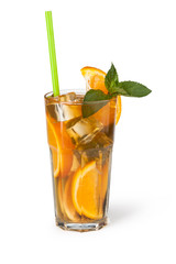 Glasses of fruit drinks with ice cubes