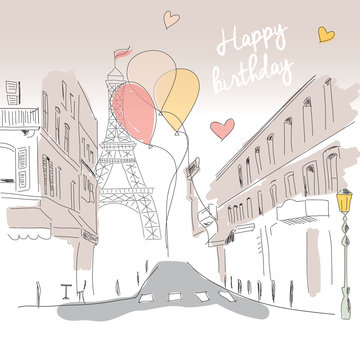 Happy birthday card from Paris street, Eiffel tower and balloons