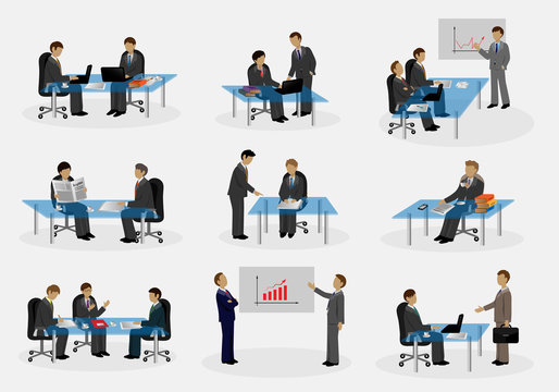 Business People In Office, Different Situation Set - Isolated On White Background - Vector Illustration, Graphic Design Editable For Your Design