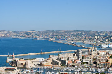 Naklejka premium View of the old port and Fort Saint Jean in Marseille, France