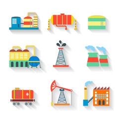 Set of colourful  industrial factory buildings and refineries on