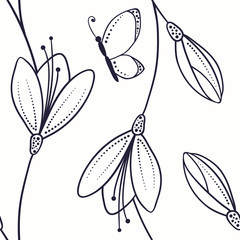 Scketches seamless pattern with flowers and butterfly