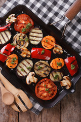 grilled peppers, tomatoes, onions, eggplant vertical top view