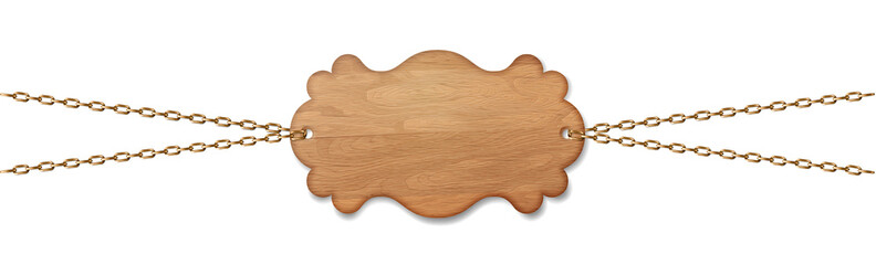 A wooden sign, banner, background hanging on metal chains