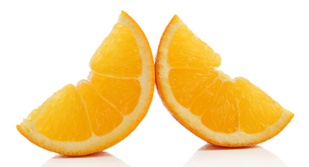 Juicy slices of orange isolated on white