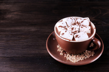 Cup of cocoa with marshmallows on wooden background