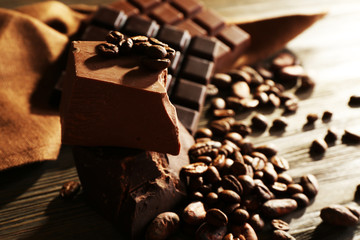 Still life with set of chocolate with coffee grains, closeup