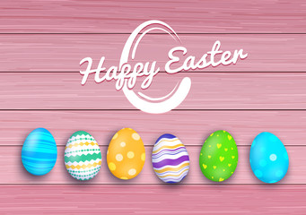 Vector easter colored eggs on rustic wooden planks