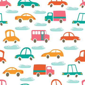 Colorful seamless pattern with cute cars and clouds