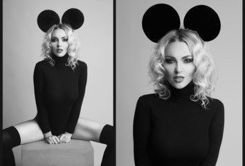 Sexy blond woman in black gaiters in Mouse look