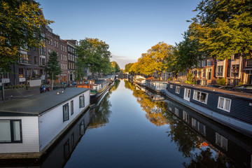 Boat house on canals in Amsterdam Netherland