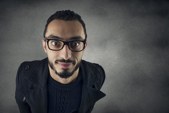 Funny Man With Nerd Glasses Smiling - Wide Angle Shot