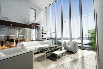 Fototapeta na wymiar Luxury estate interior with ocean view and yacht.