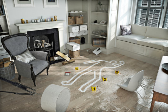 Home invasion , crime scene in a wrecked furnished home.