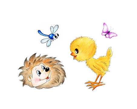 Cute hedgehog and chick