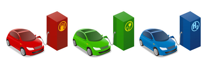 Illustrations of Gas vehicle, EV, FCV © metamorworks