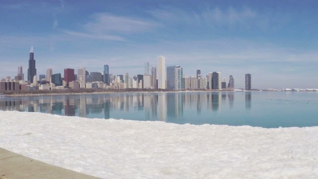 Chicago, Illinois skyline seen from Lake Michigan on winter day