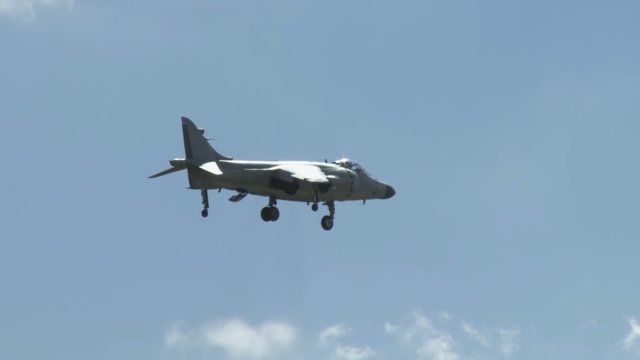 Hawker Harrier Jump Jet hovers in mid air.
