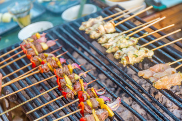 many bbq sticks on grill, outdoor, summer bbq time