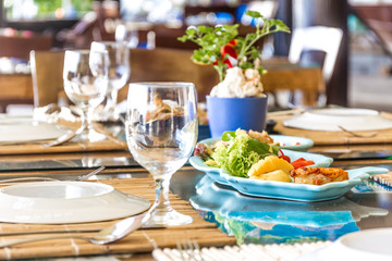 table setup in outdoor cafe, small restaurant in a hotel, summer