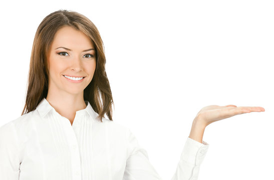Business woman showing something or holding, on white