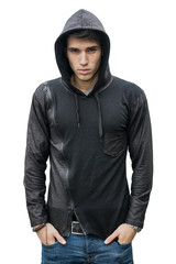 Handsome young man in black hoodie sweater isolated on white