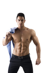 Fototapeta premium Handsome Shirtless Muscular Man With Shirt on Shoulder