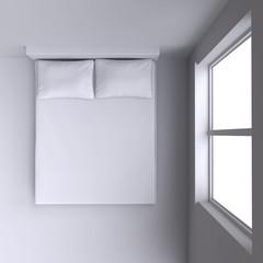 Bed with pillows and  in the corner room with window.