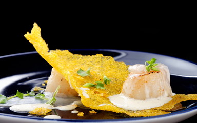 Haute cuisine, Gourmet food scallops on a corn crunch