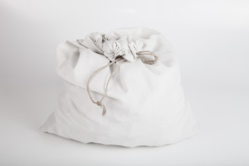Fototapeta na wymiar White linen bag with a rope on a light background
