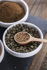 Aromatic spices in white bowls