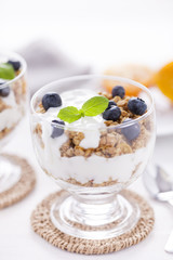 Delicious dessert with fruits and flakes