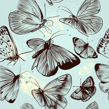 Butterfly seamless pattern with engraved insects in vintage styl