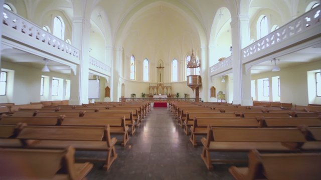 Benches and crucifix in Evangelical Lutheran Cathedral