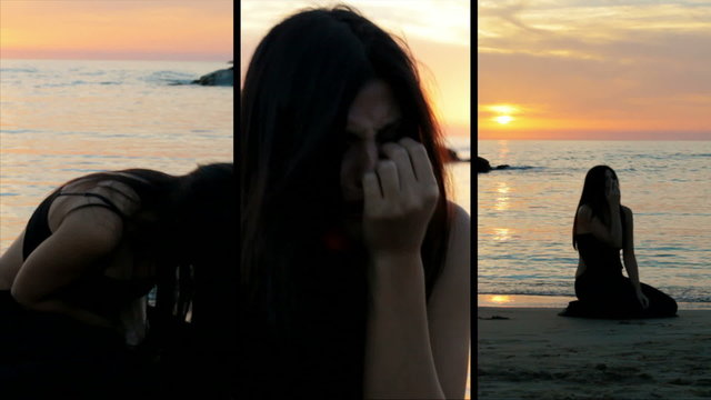 Woman desperate crying on the beach split screen montage