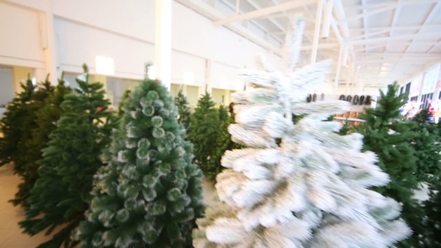 Shop with rows of many different artificial Christmas trees