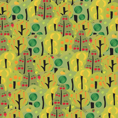 Cute background with apple, pear, carrot, cherry and banana