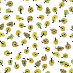 Cute seamless background with apple, pear, carrot, cherry and ba