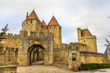 Fototapeta na wymiar Entrance to the Cite de Carcassonne, a medieval citadel in Franc