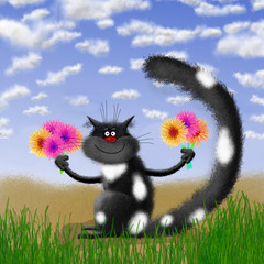 Black Cat Holding Flowers in Grassland