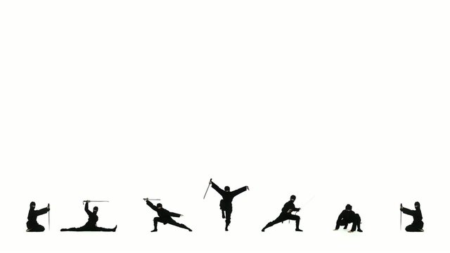 Masked ninjas strike various dramatic poses at the bottom of the screen.  Plenty of space for additional graphics or other visuals.  Looping clip with white background.