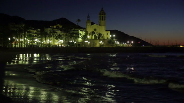 Night  of  Sitges with Church and sea. Spain