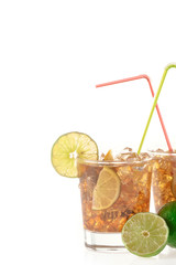 Fresh Fresh cocktail with cola drink and lime fruit
